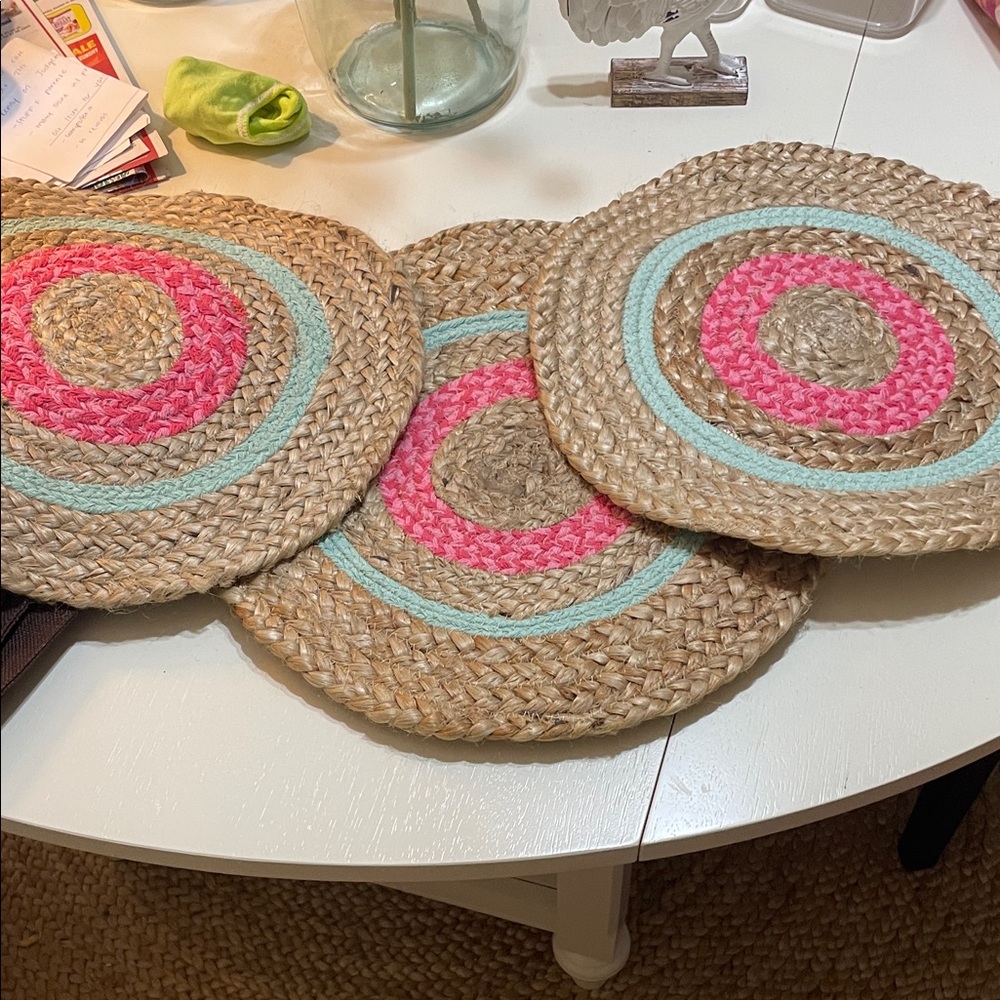 Woven Straw Placemats with Pink and Blue Accents, beach, coastal kitchen